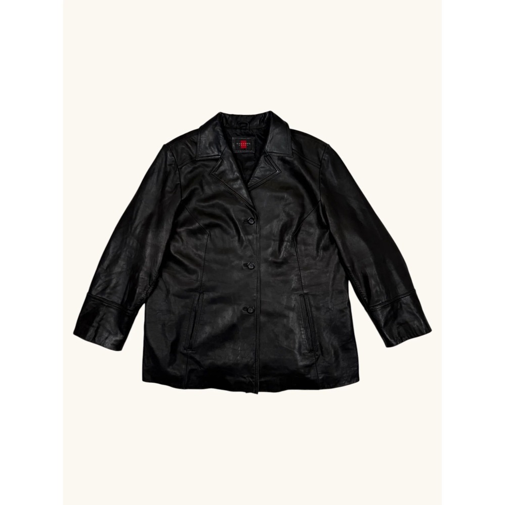 Gallery Woman Black Genuine Leather Jacket Button Front Blazer Coat Plus Size M